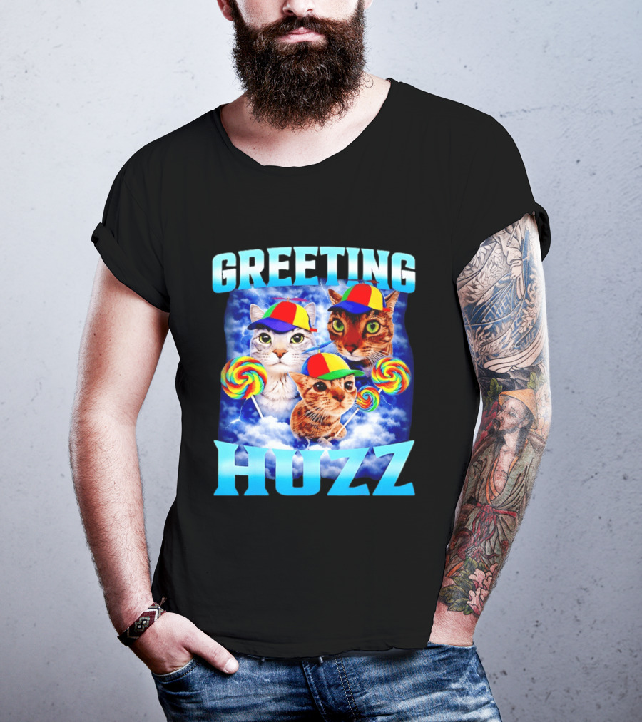 Greeting Huzz Cat Meme With Lollipops And Colorful Hats T-Shirt