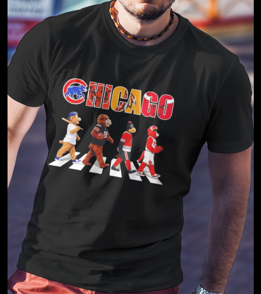 Chicago Cubs Bears Blackhawks Bulls Mascots Crossing Abbey Road T-Shirt