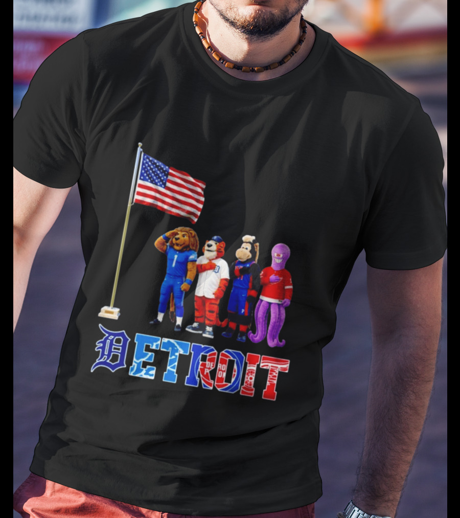 Detroit Mascots Salute American Flag T-Shirt