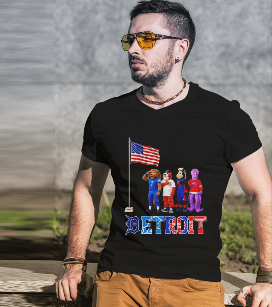 Detroit Mascots Salute American Flag T-Shirt