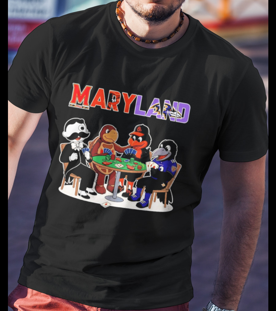 Maryland Mascots Playing Poker With Natty Boh, Orioles, Ravens, And Terrapins T-Shirt