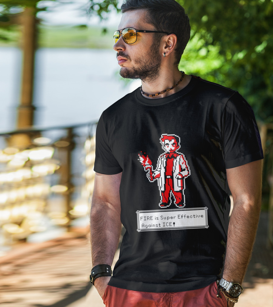 Fire Is Super Effective Against Ice Pixel Character Holding Flame In Retro Game T-Shirt