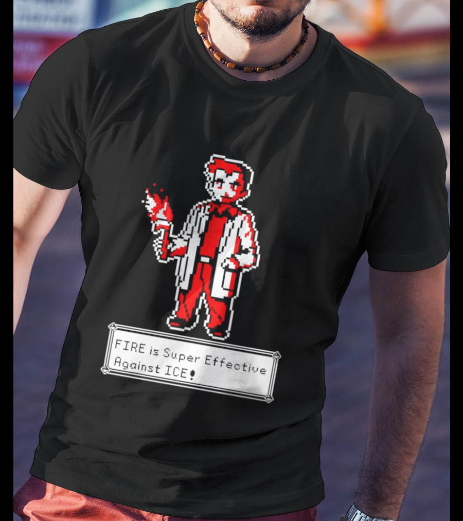 Fire Is Super Effective Against Ice Pixel Character Holding Flame In Retro Game T-Shirt