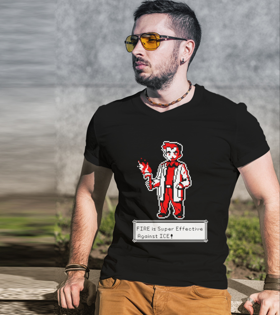 Fire Is Super Effective Against Ice Pixel Character Holding Flame In Retro Game T-Shirt