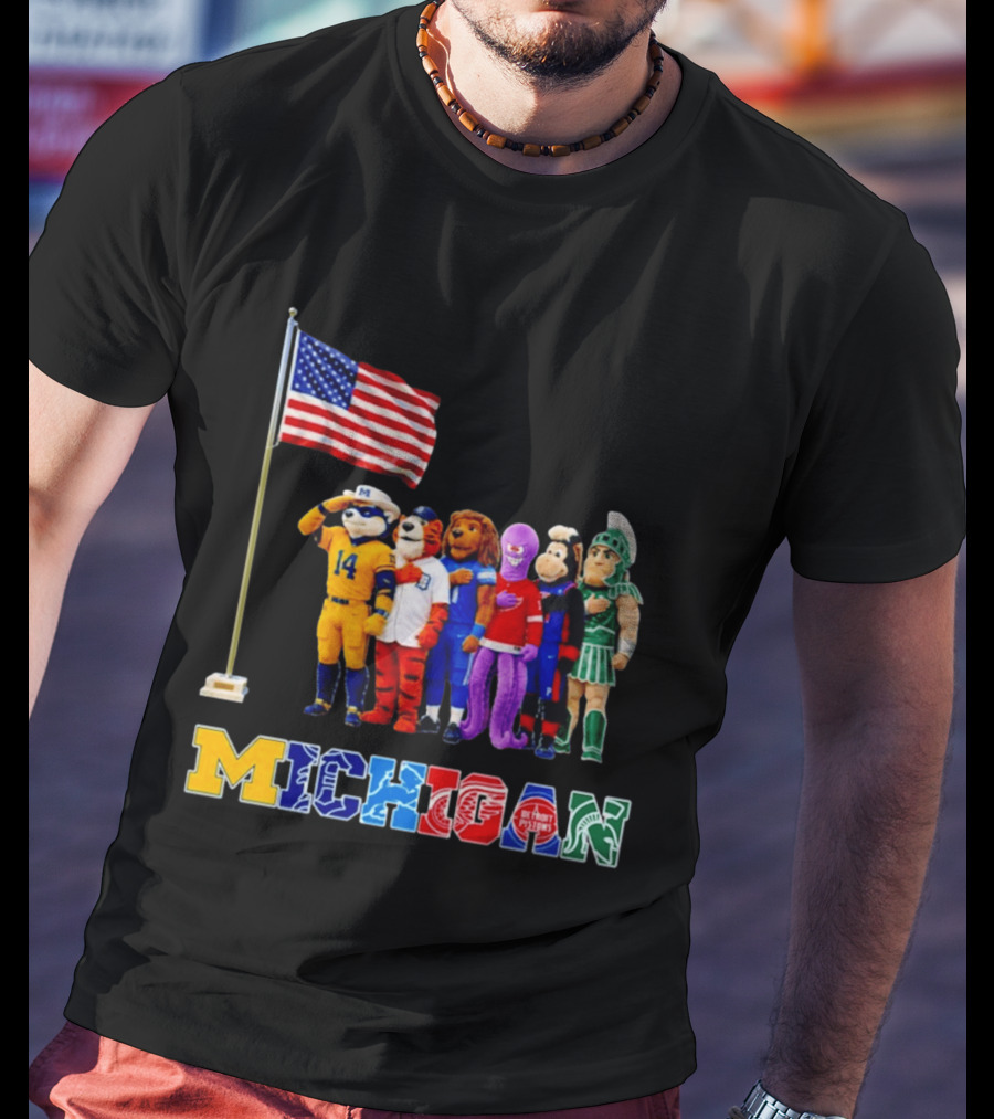 Patriotism In Michigan Sports Mascots Saluting American Flag T-Shirt