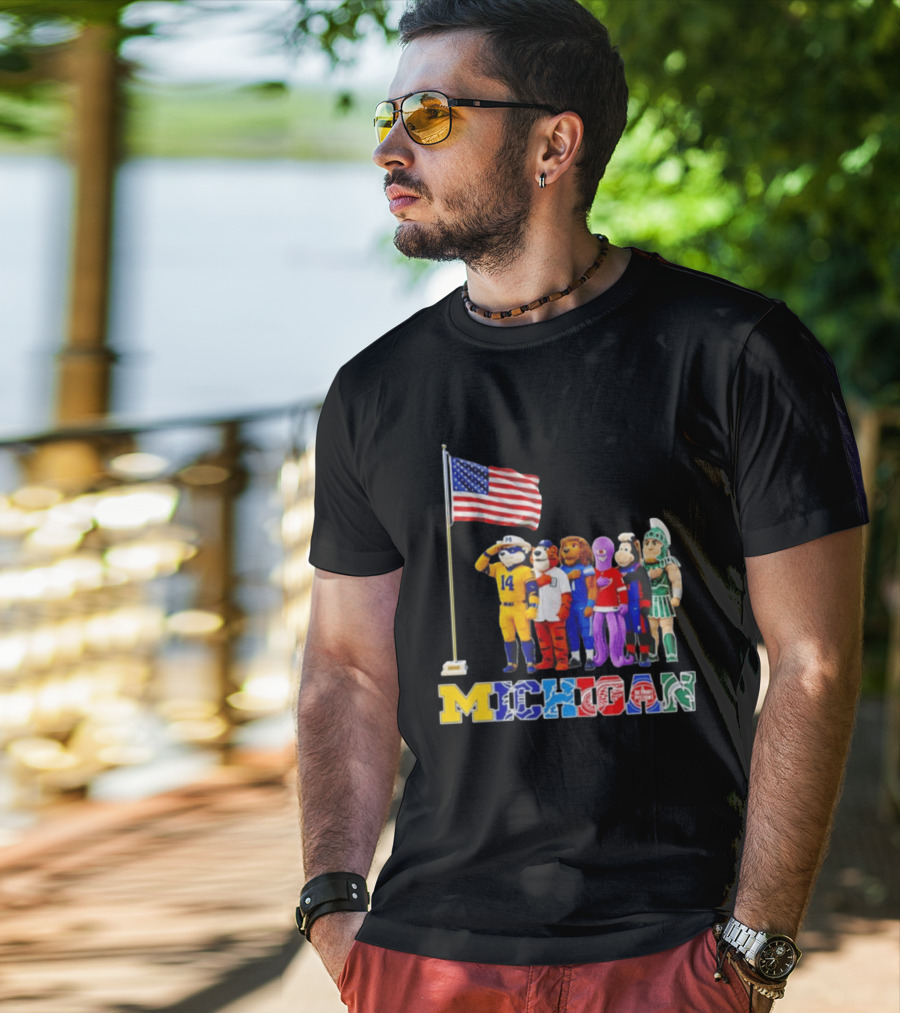 Michigan Wolverine Tigers Lions Red Wings Pistons Spartans Salute American Flag T-Shirt
