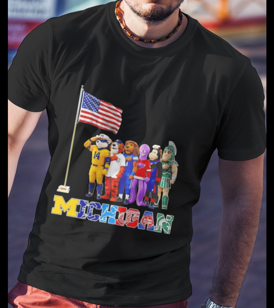 Michigan Wolverine Tigers Lions Red Wings Pistons Spartans Salute American Flag T-Shirt