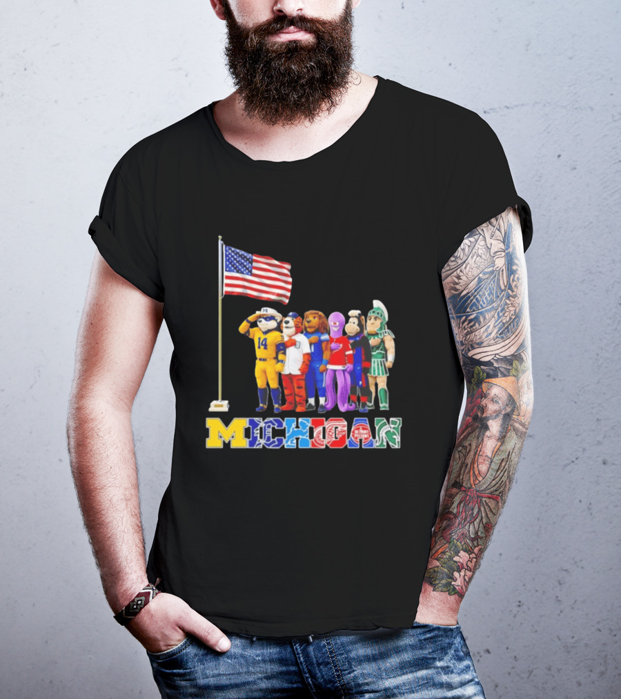 Michigan Wolverine Tigers Lions Red Wings Pistons Spartans Salute American Flag T-Shirt