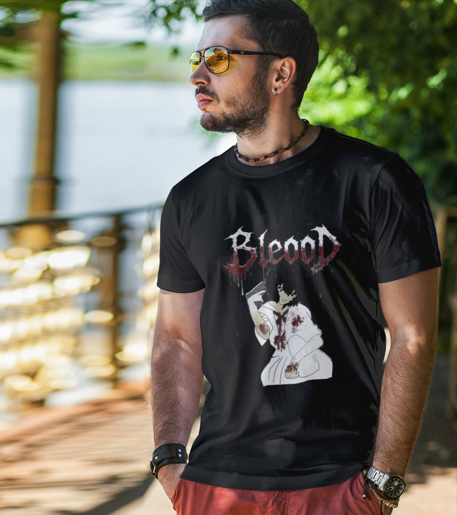 Blood Anime Style Dripping Text And Mysterious Figure T-Shirt