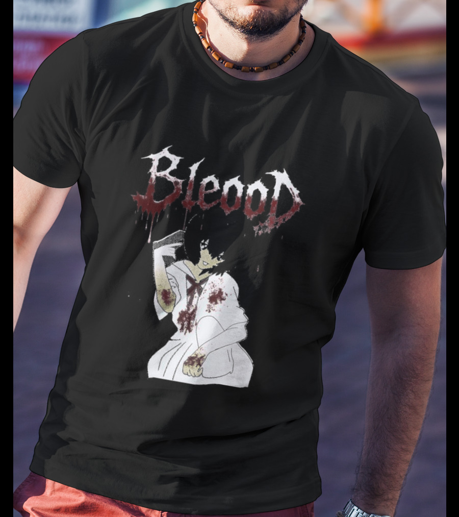 Blood Anime Style Dripping Text And Mysterious Figure T-Shirt