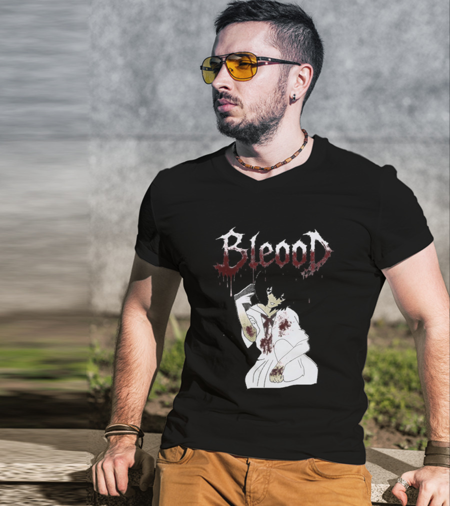 Blood Anime Style Dripping Text And Mysterious Figure T-Shirt