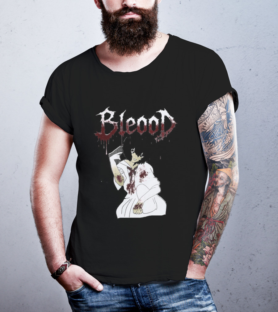 Blood Anime Style Dripping Text And Mysterious Figure T-Shirt