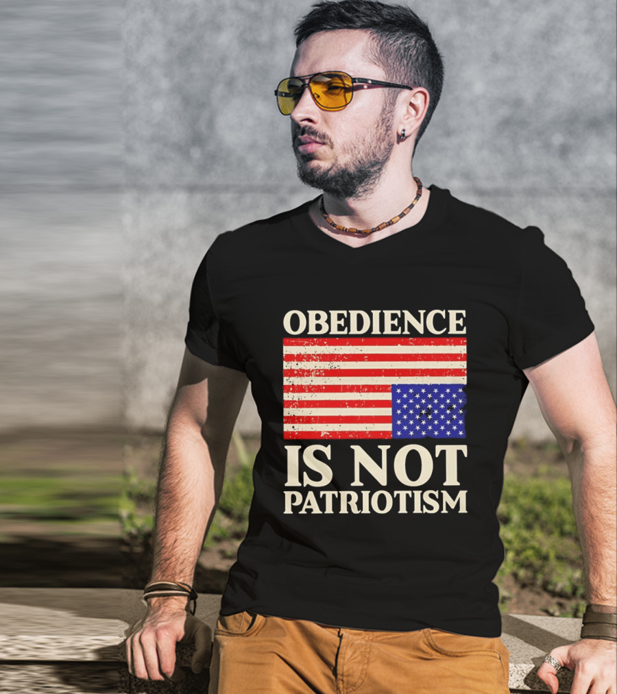 Obedience Is Not Patriotism Distressed Upside Down American Flag T-Shirt