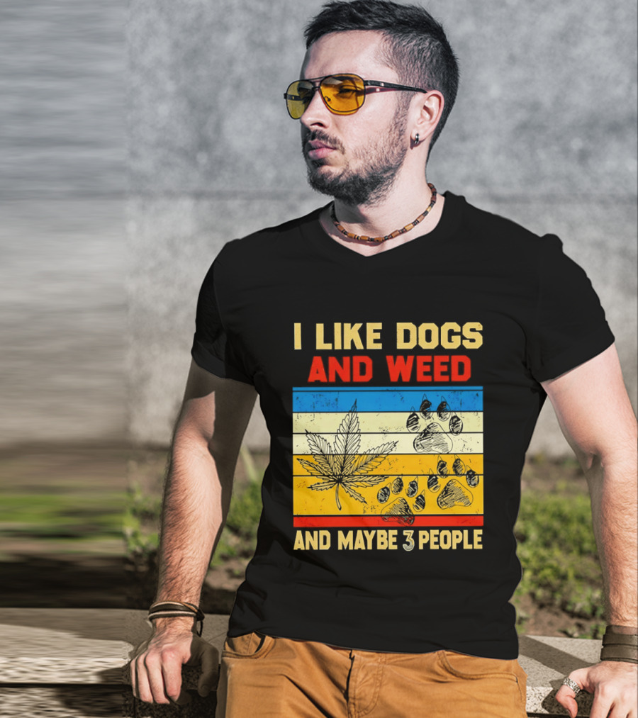 I Like Dogs And Weed And Maybe 3 People Vintage Stripes Cannabis Leaf Paw Print T-Shirt