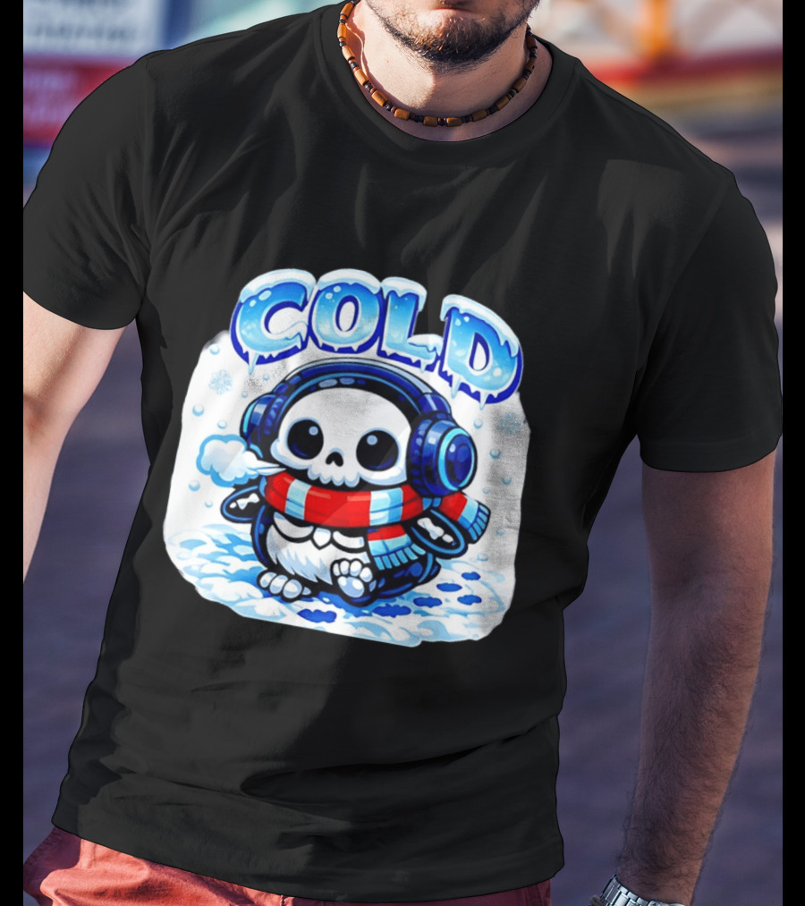 Cold Penguin Skeleton Winter Scarf Headphones Snowflakes T-Shirt