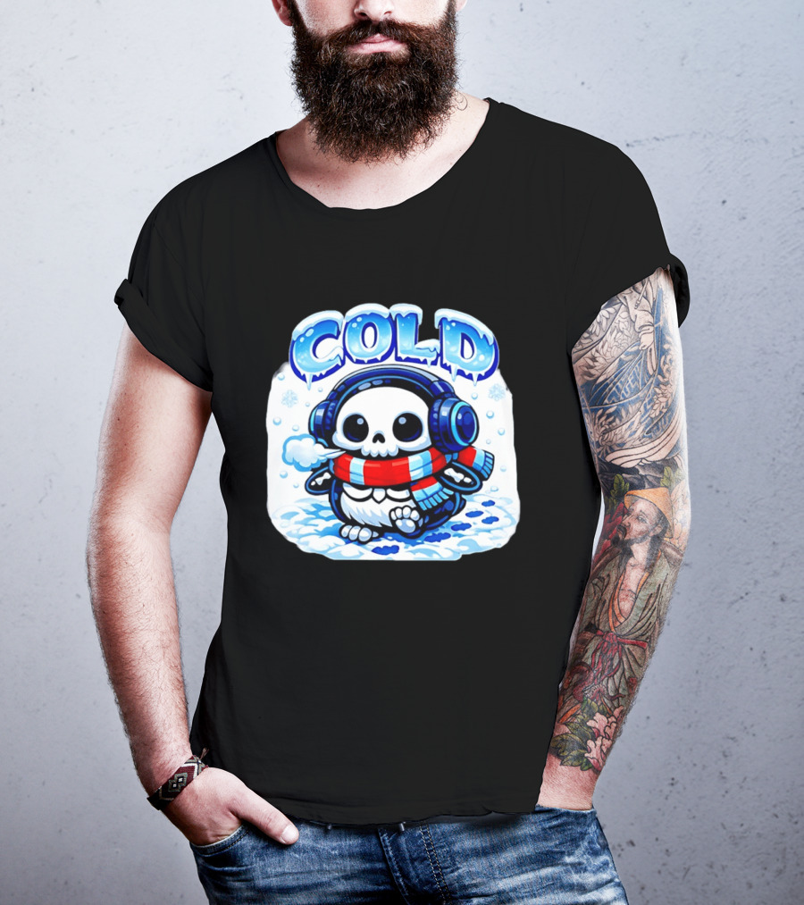 Cold Penguin Skeleton Winter Scarf Headphones Snowflakes T-Shirt