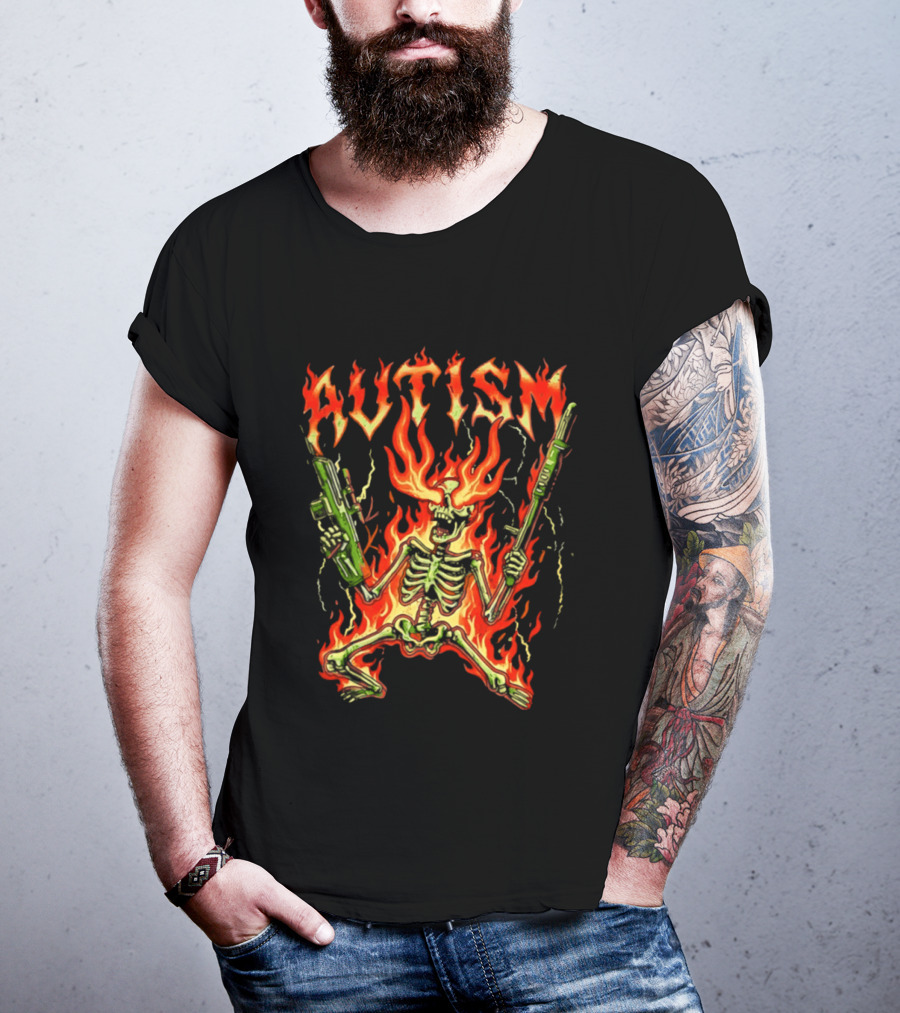 Skeleton Blazing Holding Two Rifle Guns Autism Flame T-Shirt