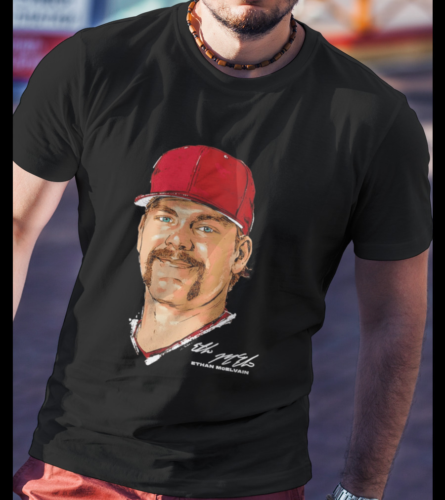 Ethan McElvain Arkansas Razorbacks Baseball Player Portrait In Red Cap T-Shirt
