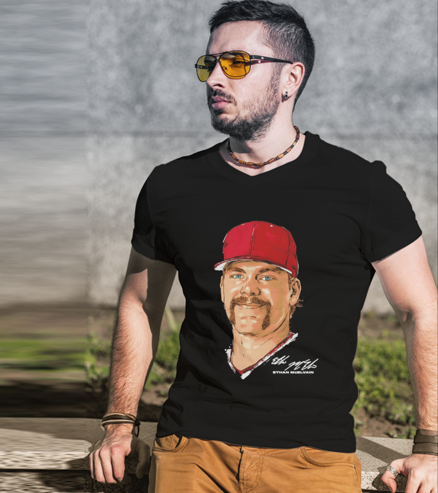 Ethan McElvain Arkansas Razorbacks Baseball Player Portrait In Red Cap T-Shirt