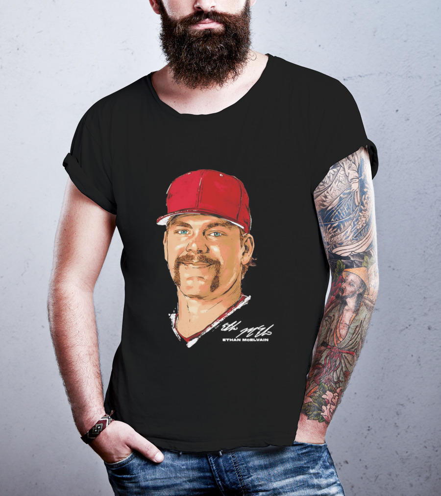 Ethan McElvain Arkansas Razorbacks Baseball Player Portrait In Red Cap T-Shirt