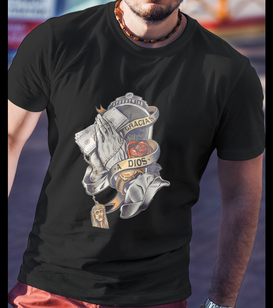 Streetwise Gracias A Dios Prayer Hands Rose Rosary T-Shirt
