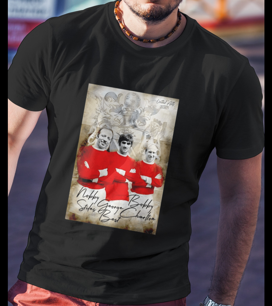 Nobby Stiles George Best Bobby Charlton Manchester United UEFA European Cup Lion Sketch T-Shirt