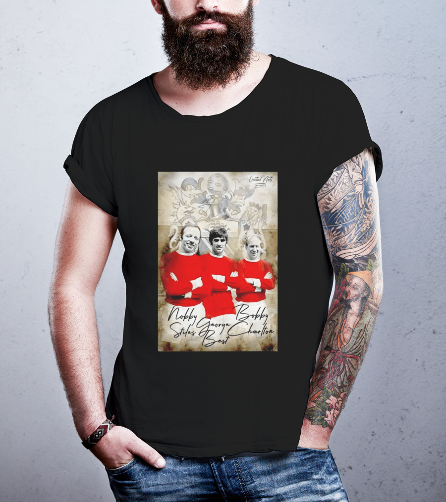Nobby Stiles George Best Bobby Charlton Manchester United UEFA European Cup Lion Sketch T-Shirt