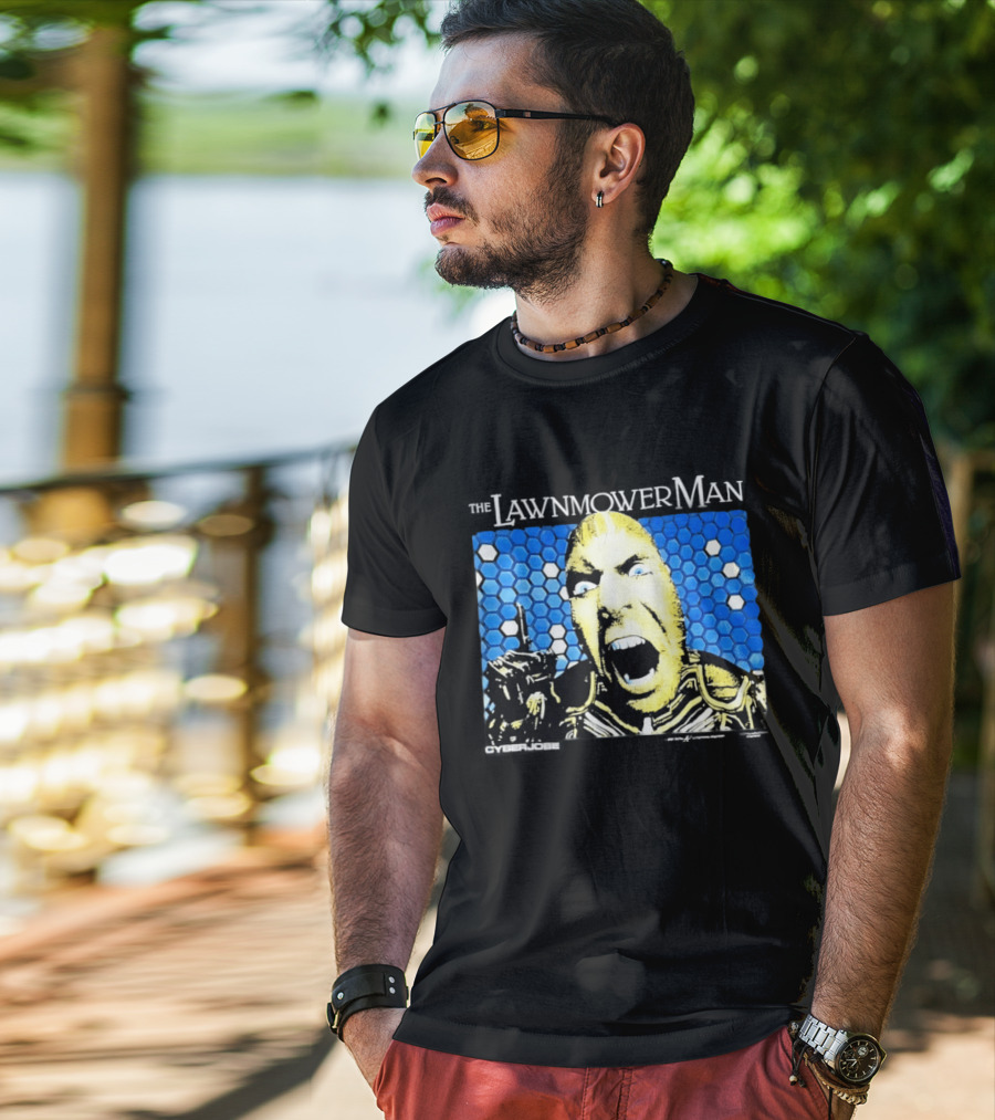 The Lawnmower Man Futuristic Cybernetic Face Against Blue Hexagon T-Shirt