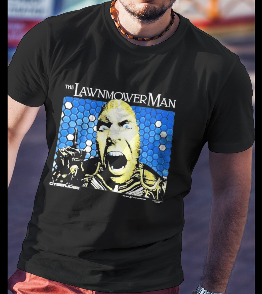 The Lawnmower Man Futuristic Cybernetic Face Against Blue Hexagon T-Shirt