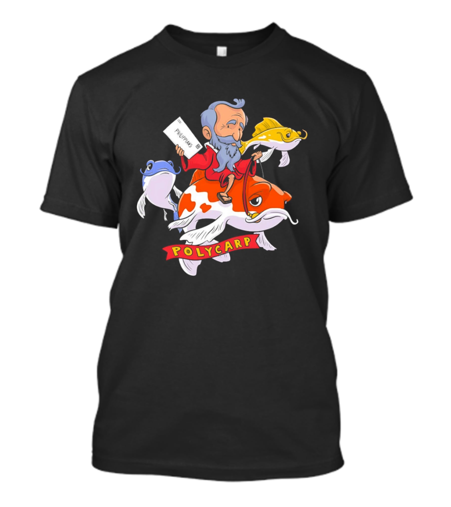 Polycarp Philippians Cartoon Elder Riding Giant Koi Fish With Scroll And Whimsical Sea Creatures T-Shirt
