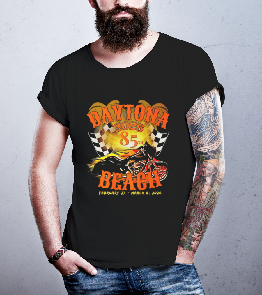 Daytona Beach 2026 85th Anniversary February 27 To March 6 With Motorcycle And Checkered Flag T-Shirt