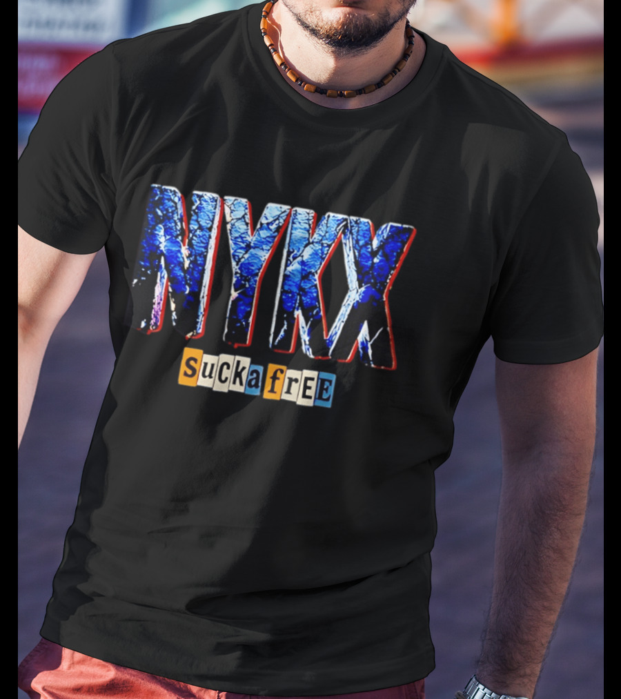 NYKX Sucka Free Bold Blue Text With Colorful Block Letters T-Shirt