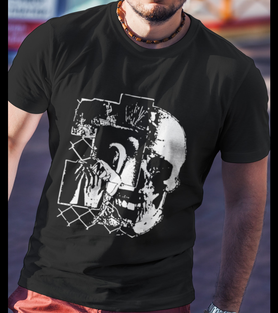 Harms Way Chain Link Skull 2026 Distorted Surreal White Design With Fence T-Shirt