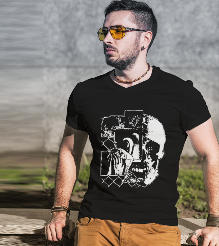 Harms Way Chain Link Skull 2026 Distorted Surreal White Design With Fence T-Shirt