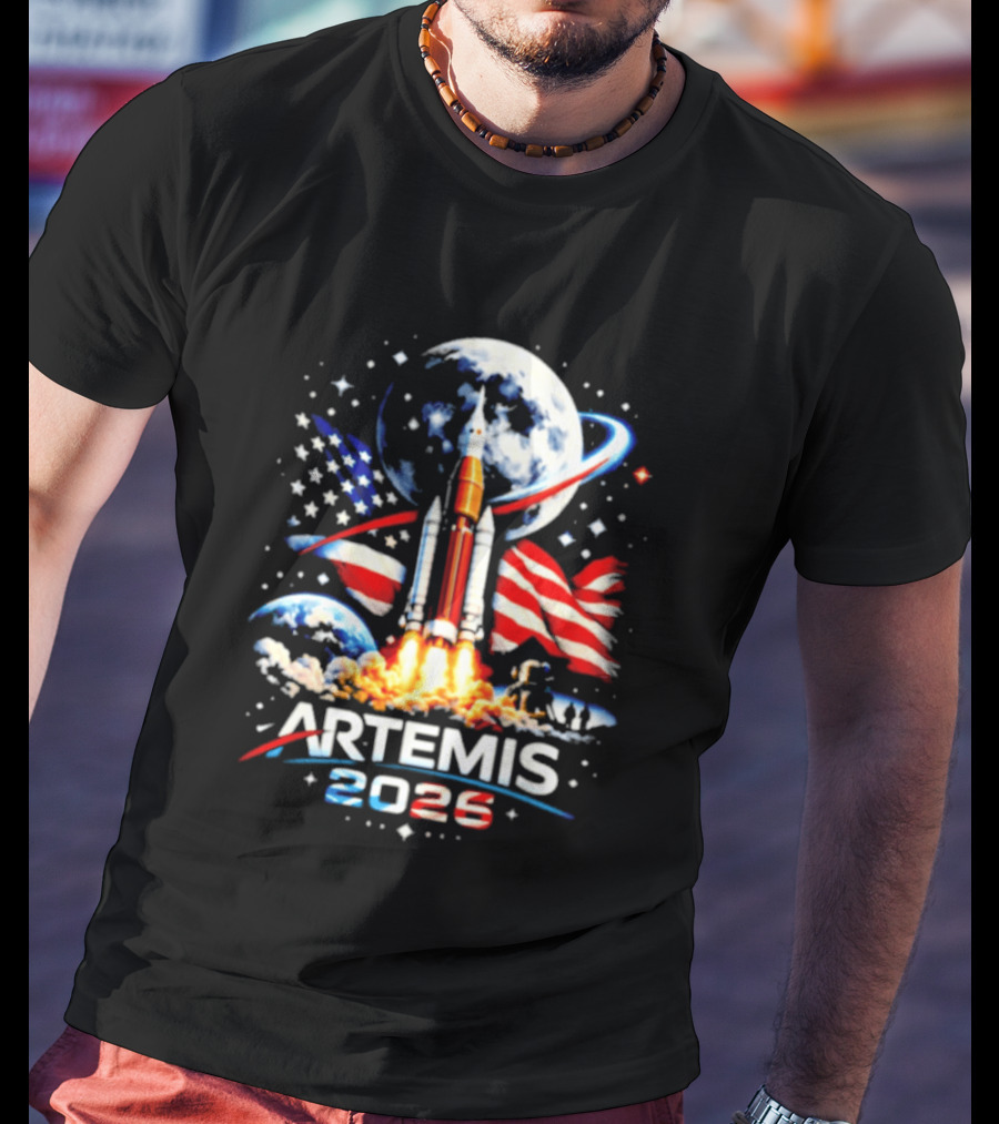 Artemis 2025 Rocket Launch USA Flag Moon Exploration T-Shirt