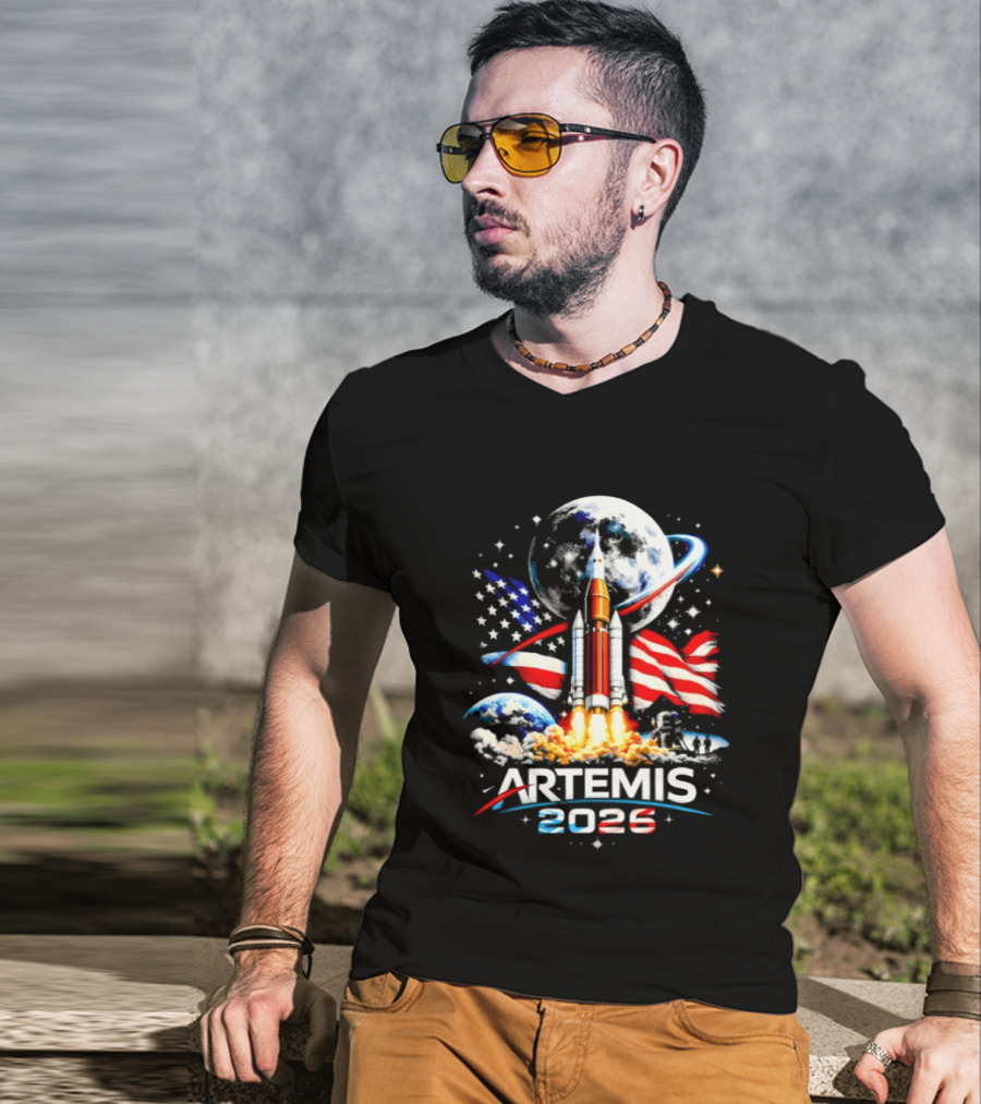 Artemis 2026 Moon Mission American Rocket Launch With Flag And Stars T-Shirt