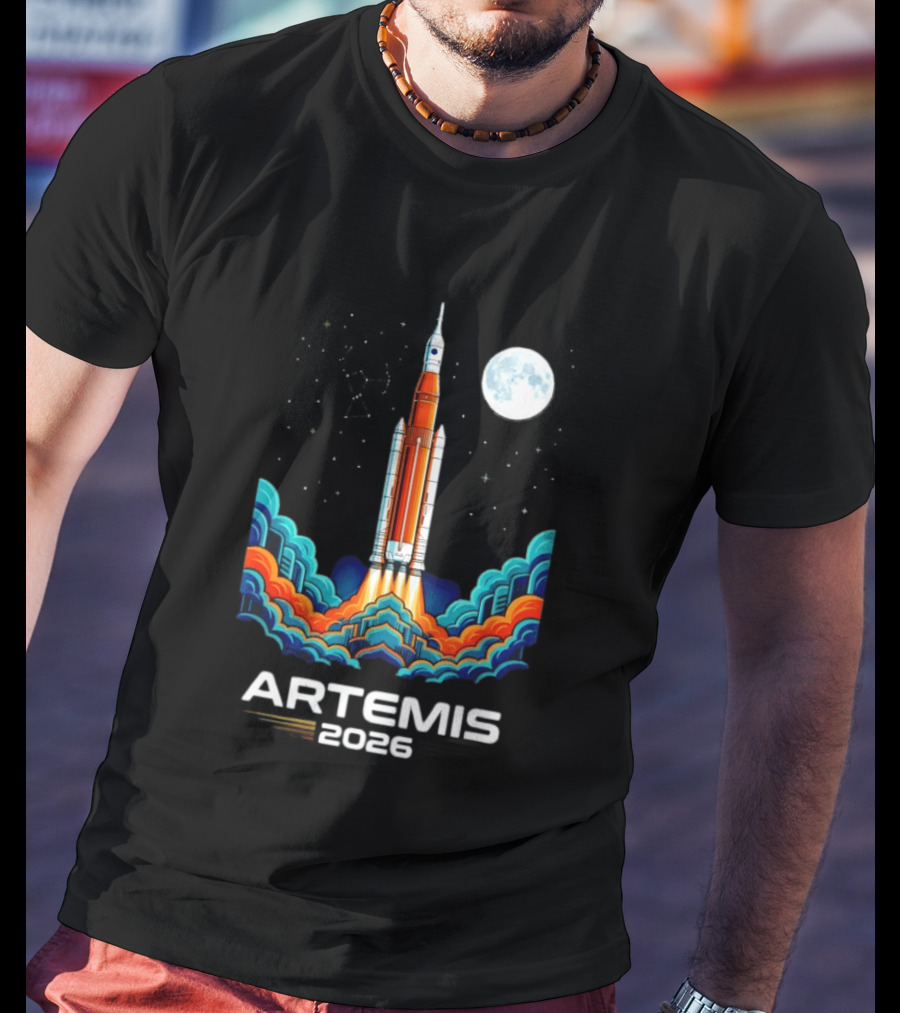 Artemis 2026 Moon Mission Rocket Launch With Vibrant Waves And Full Moon T-Shirt