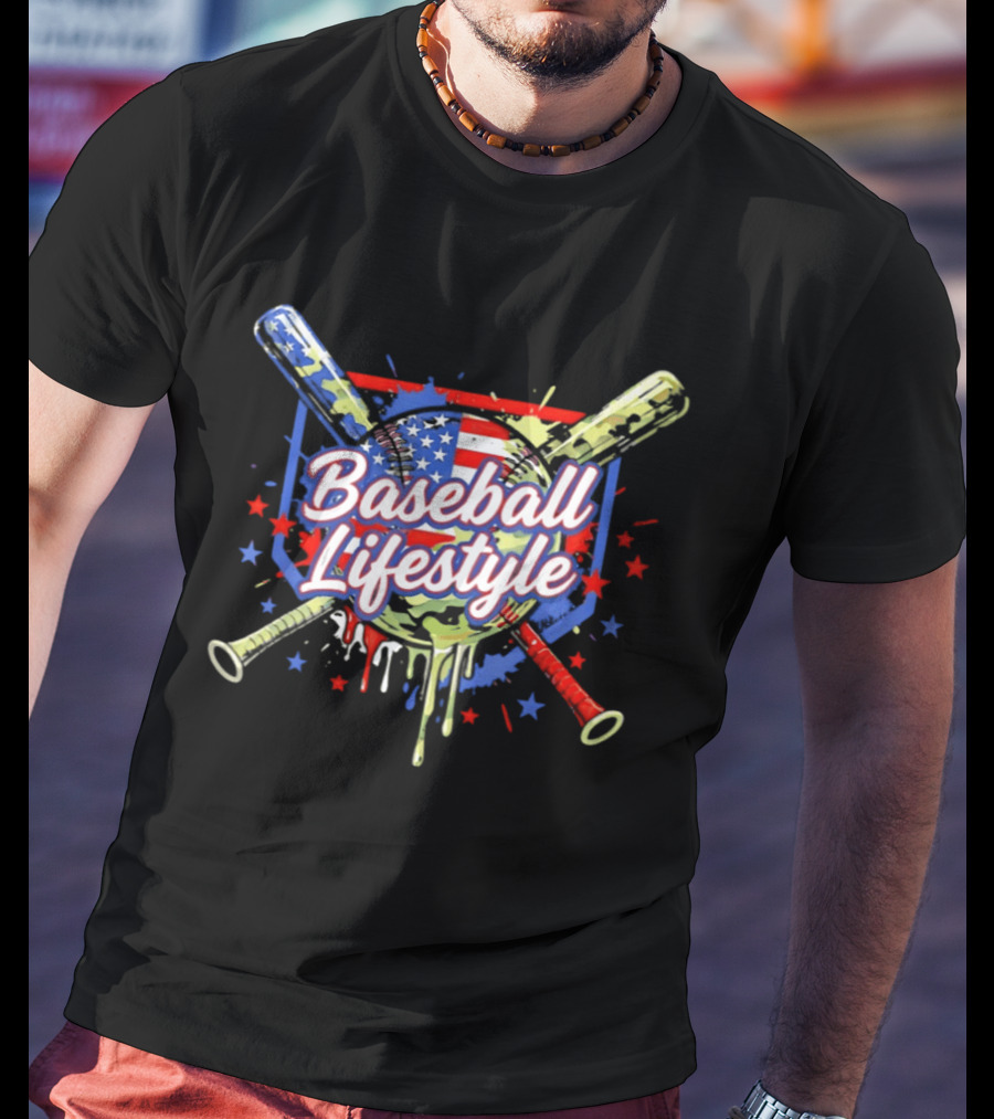 Baseball Lifestyle Camo American Flag Bats Stars Paint Splatter T-Shirt
