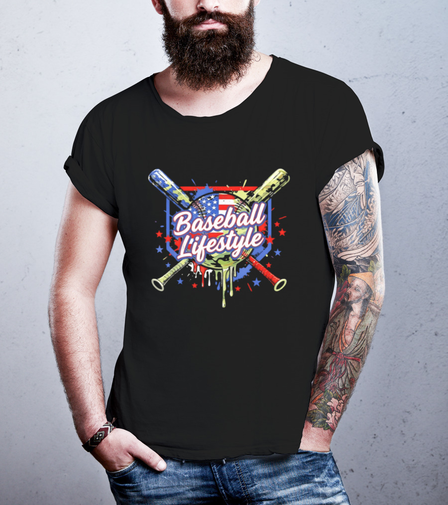 Baseball Lifestyle Camo American Flag Bats Stars Paint Splatter T-Shirt