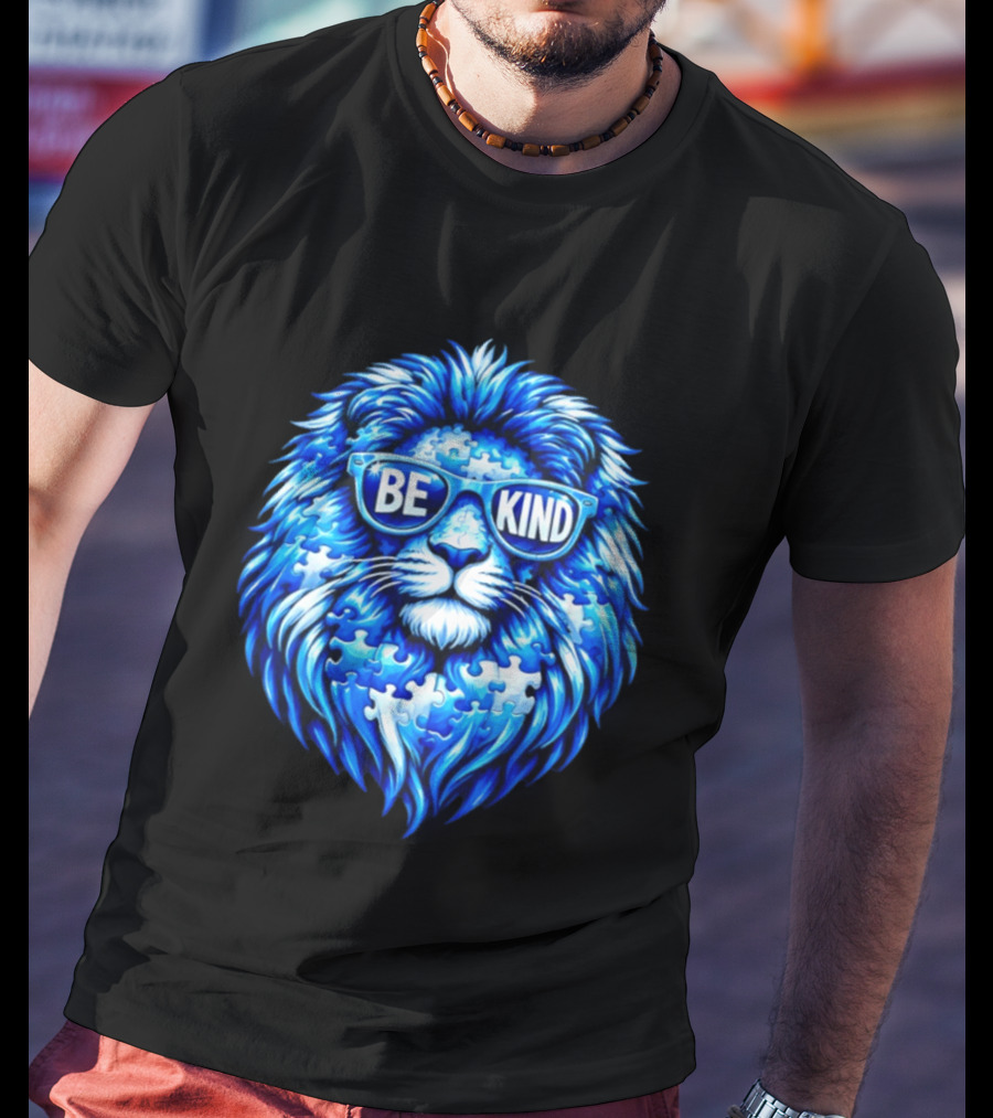 Blue Lion Be Kind Sunglasses Autism Awareness Puzzle T-Shirt
