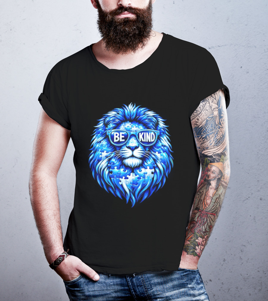 Blue Lion Be Kind Sunglasses Autism Awareness Puzzle T-Shirt