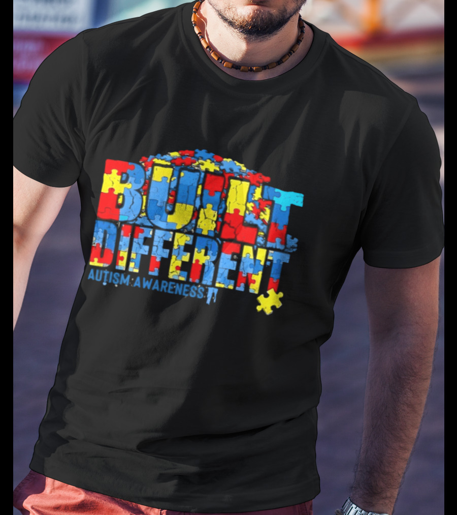 Built Different Autism Awareness Puzzle Piece Multicolor T-Shirt