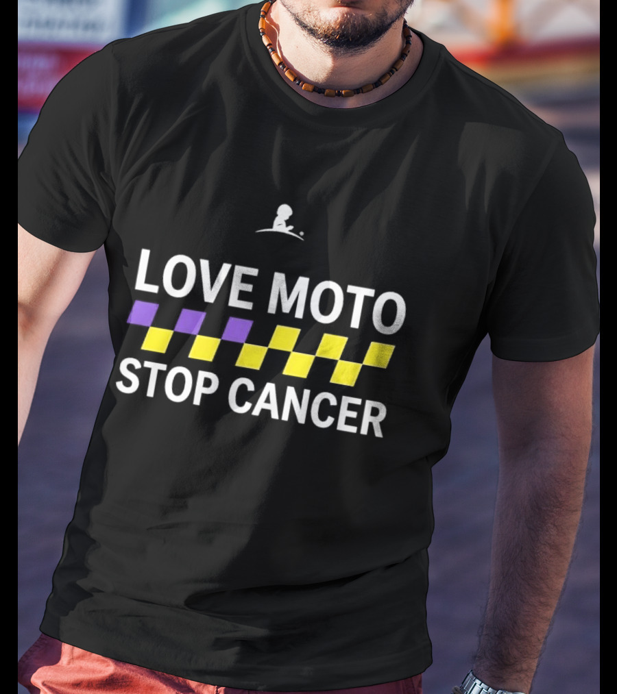 Love Moto Stop Cancer St. Jude Purple Yellow Checkered Racing T-Shirt