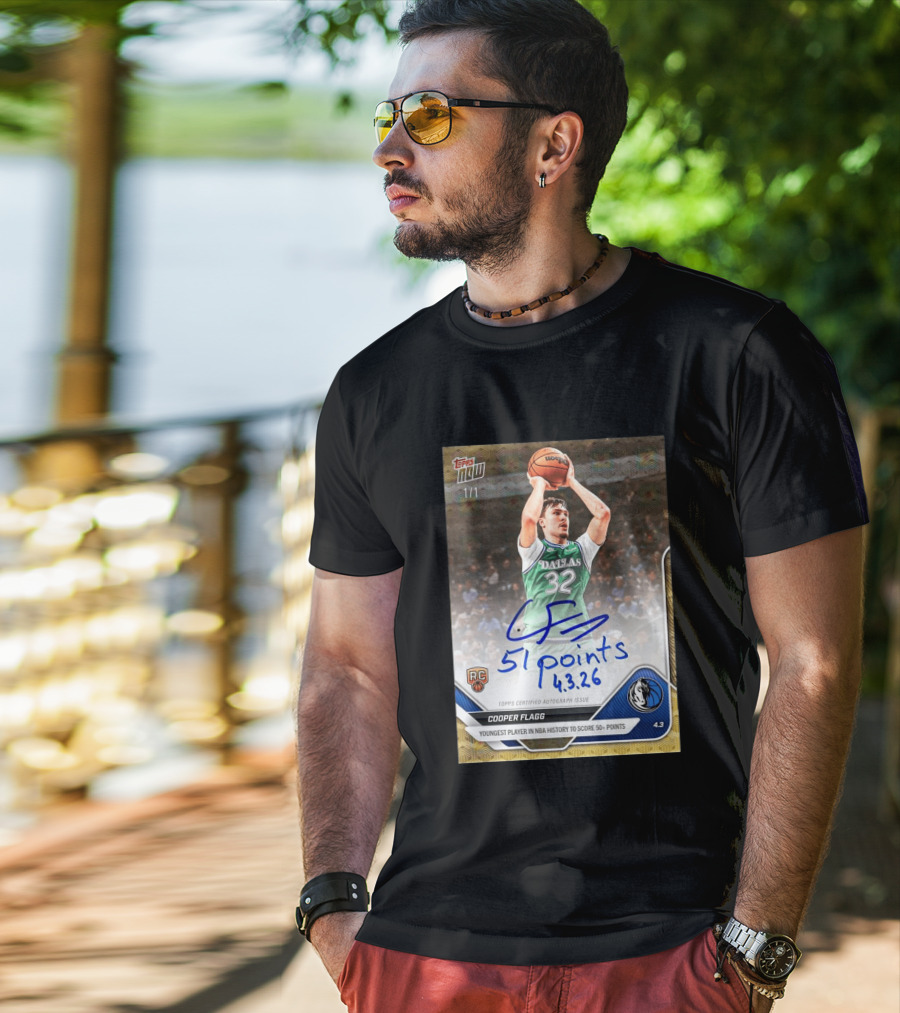 Topps Now Cooper Flagg 51 Points Youngest NBA History Dallas Mavericks Rookie Card T-Shirt