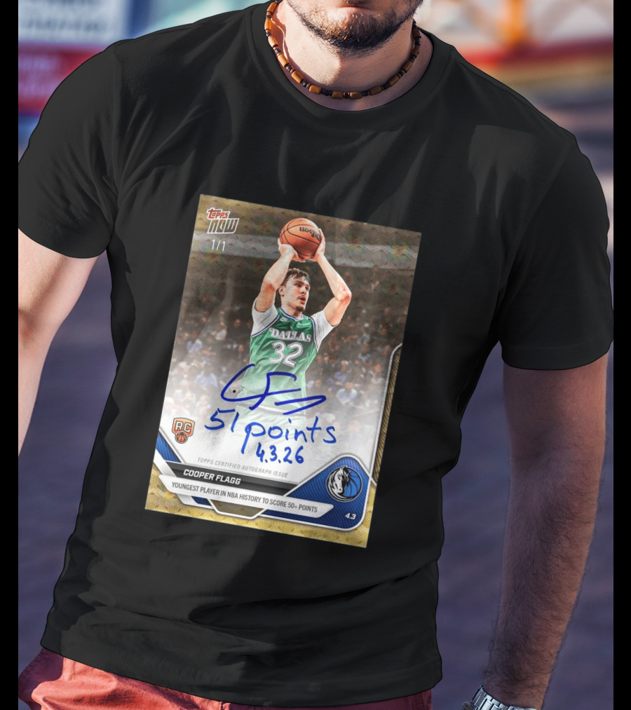 Topps Now Cooper Flagg 51 Points Youngest NBA History Dallas Mavericks Rookie Card T-Shirt
