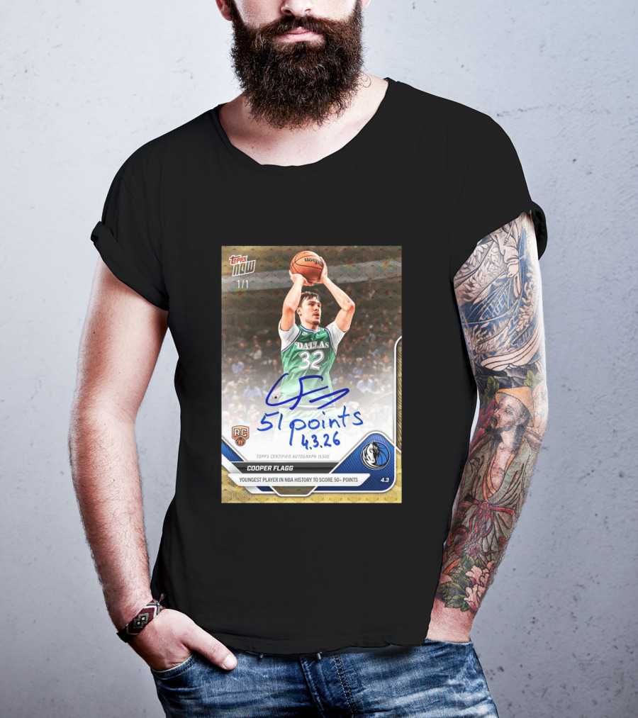 Topps Now Cooper Flagg 51 Points Youngest NBA History Dallas Mavericks Rookie Card T-Shirt