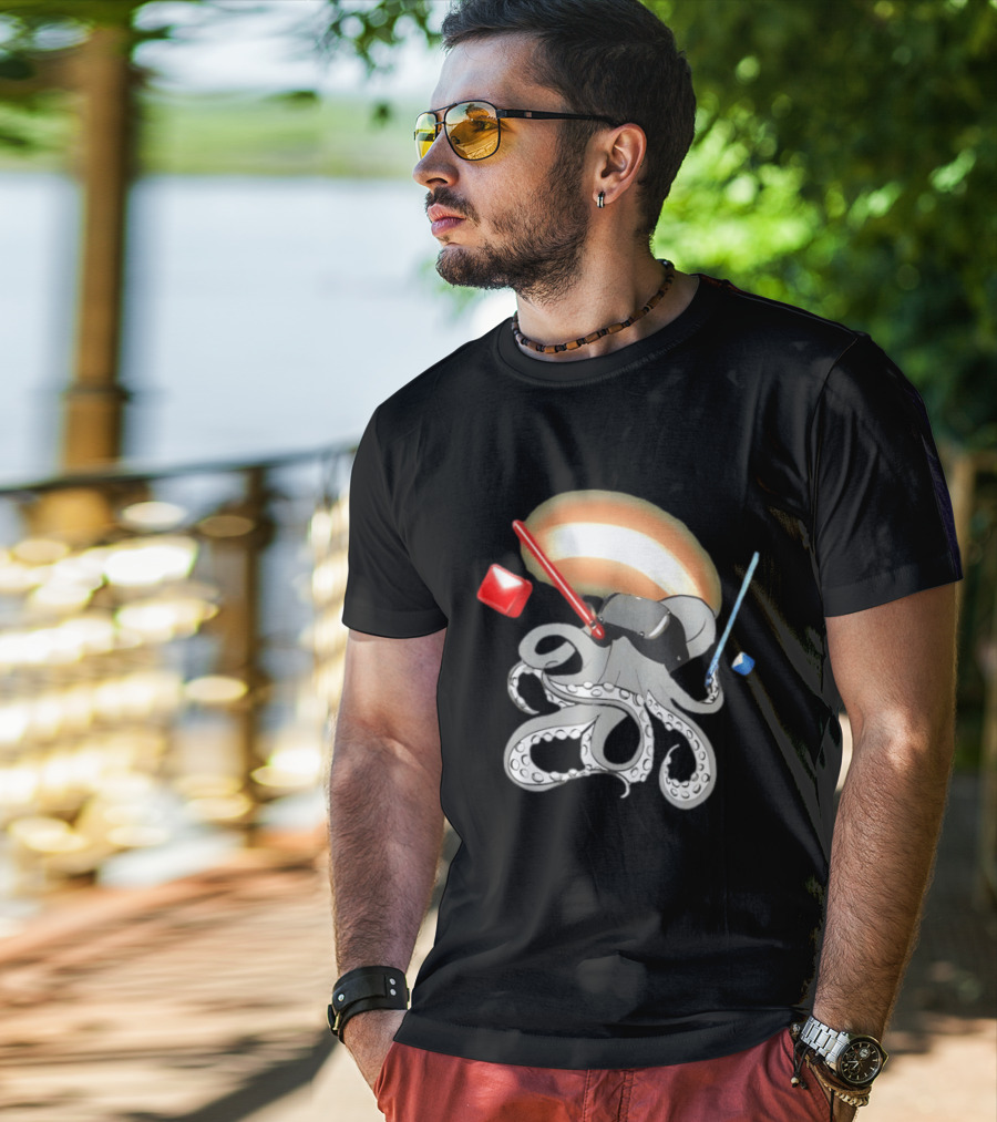 VR Headset Octopus With Red Blue Lightsabers T-Shirt