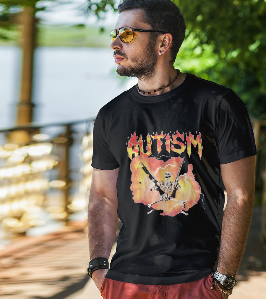 Autism Flaming Skeleton Meme Guns Edgy Fire T-Shirt
