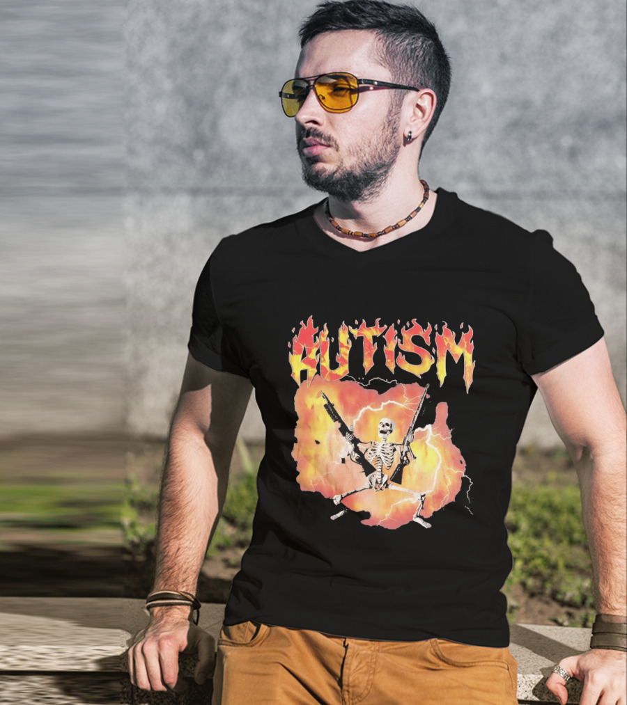 Autism Flaming Skeleton Meme Guns Edgy Fire T-Shirt