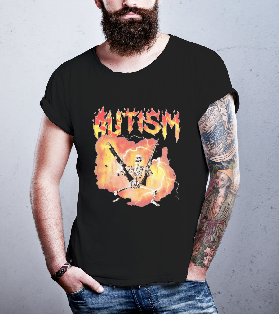 Autism Flaming Skeleton Meme Guns Edgy Fire T-Shirt